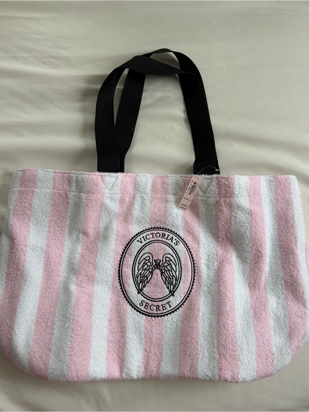 Victoria's Secret Pink and White Striped Terry Tote with Black Straps